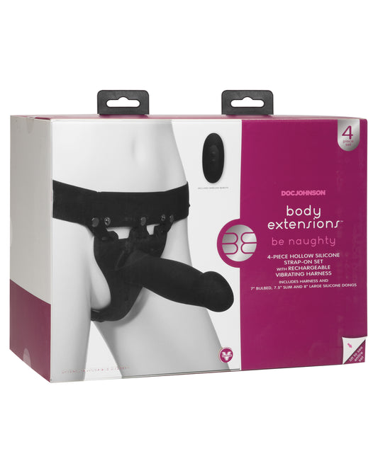 Body Extensions strap-on set with adjustable harness and three silicone attachments for versatile pleasure and empowerment