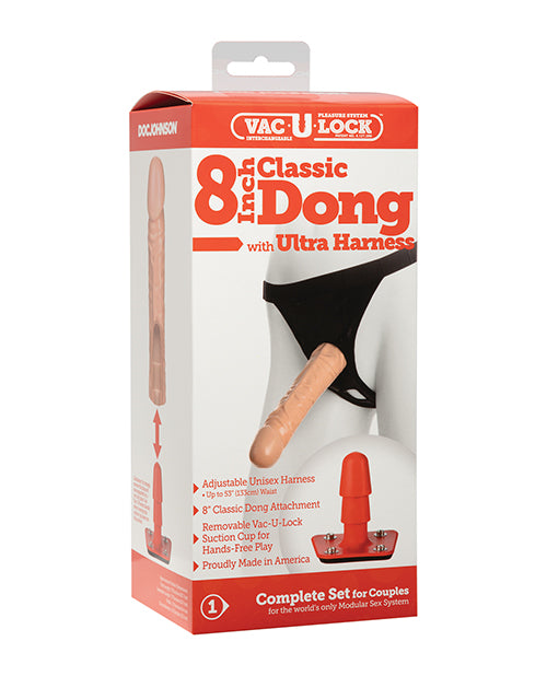 Vac-U-lock Strap Ons Adjustable Ultra Harness 8-Inch Classic Dong with Vac-U Powder for Customizable Play