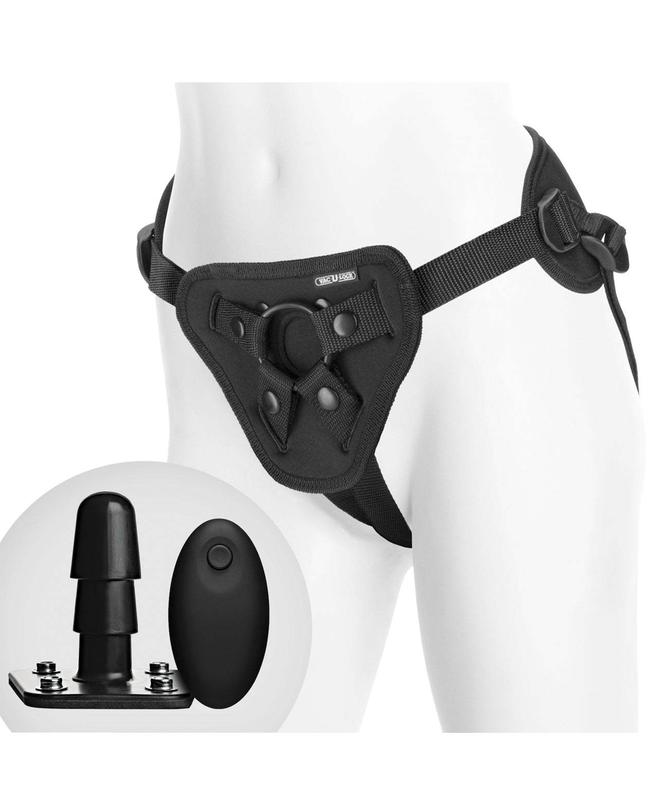 Vac-U-Lock Supreme Harness with Vibrating Plug – Black Strap-On System