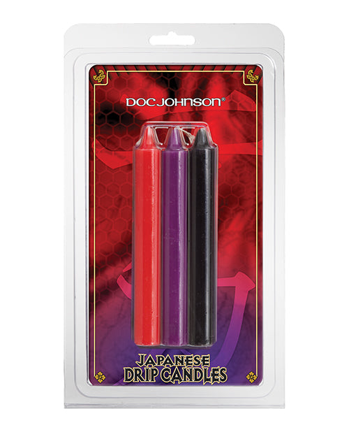Doc Johnson Japanese Drip Candles three-pack with Red, Purple, and Black wax for sensual bondage sensation play