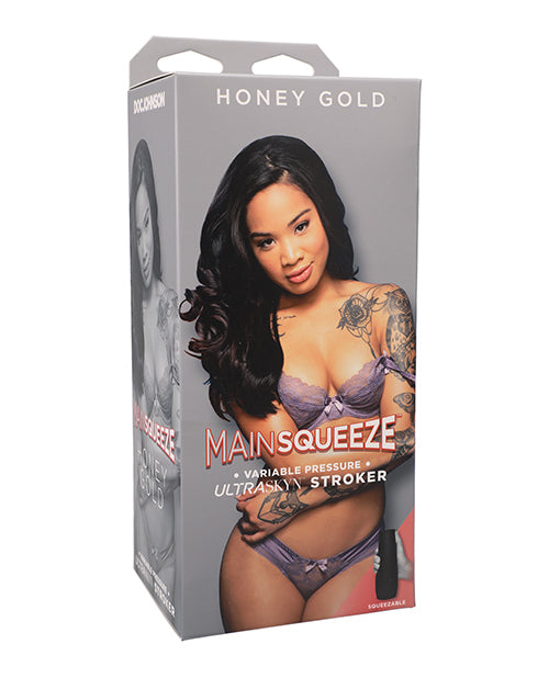 Main Squeeze Pussy Stroker ULTRASKYN Textured Sleeve Honey Gold Design for Realistic Male Pleasure
