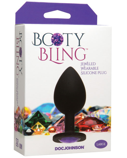 Booty Bling Anal Plug Black Silicone with Sparkling Purple Gemstone for Visual Appeal and Safe Anal Play