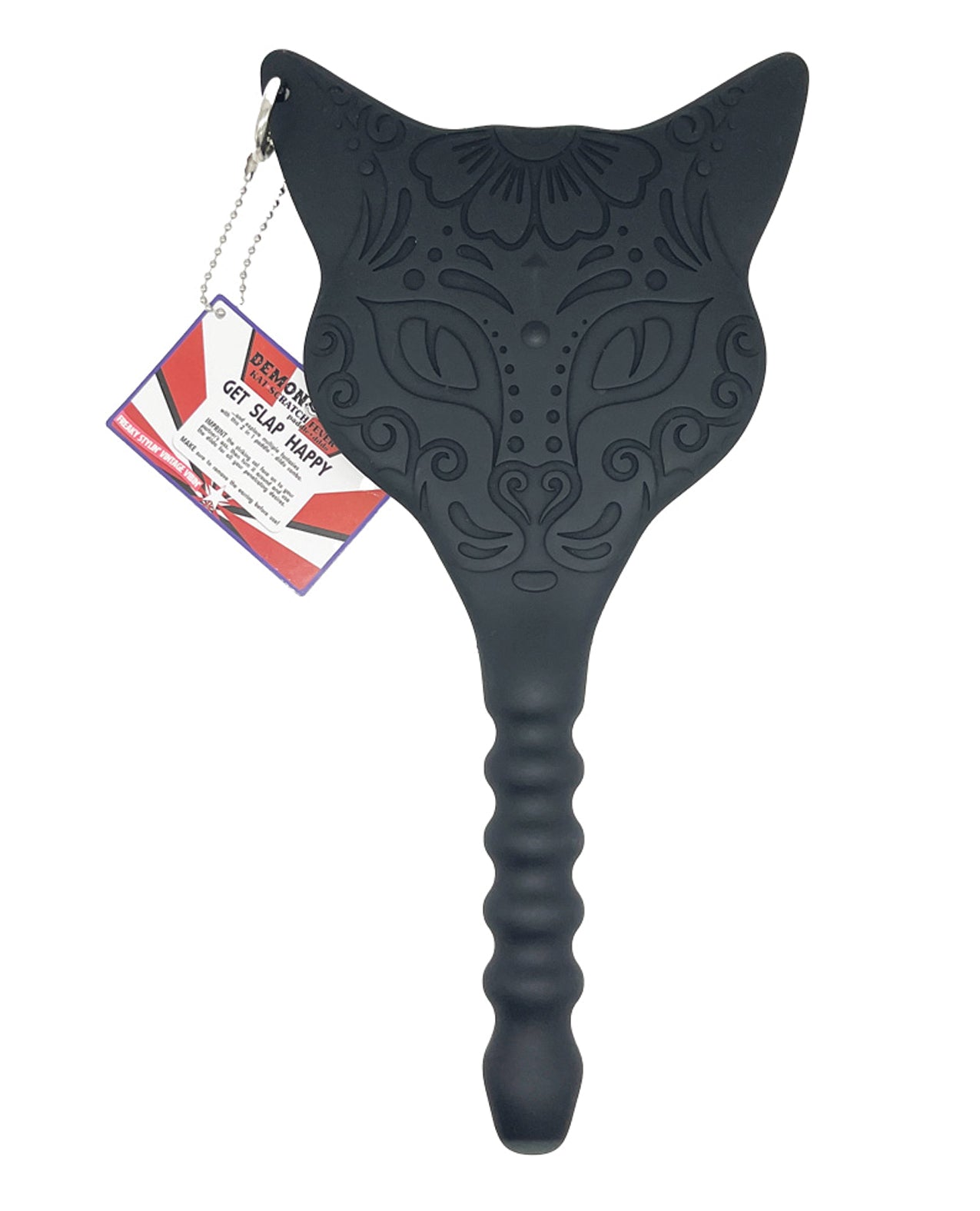 Demon Kat Silicone Paddle and Dildo Combo with Cat Face Imprint for Versatile Bondage and Roleplay