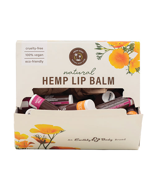 Earthly Body Lip Balm Display with Hemp Seed Oil and Assorted Scents for Nourishing Lip Care