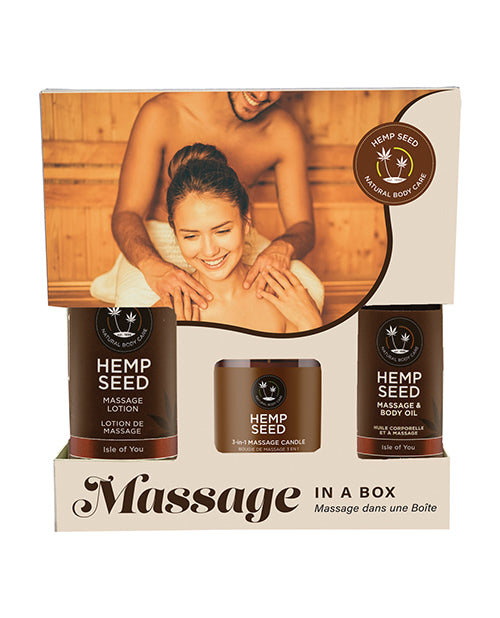 Earthly Body Massage Gift Set Hemp Seed Oil Candle Lotion Isle of You Scent for Relaxation