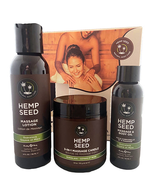 Earthly Body Setting The Mood Massage Oil Lotion Candle Set with Hemp Seed and Guavalava Scent for Relaxation and Skin Hydration