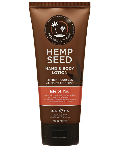 Earthly Body hand and body lotion with hemp seed oil, non-greasy formula, Isle of You scent for skin hydration