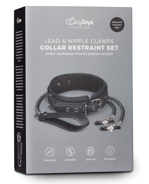 Easy Toys Bondage Restraint Faux Leather Collar with Nipple Chains for Sensory Play and Adjustable Fit