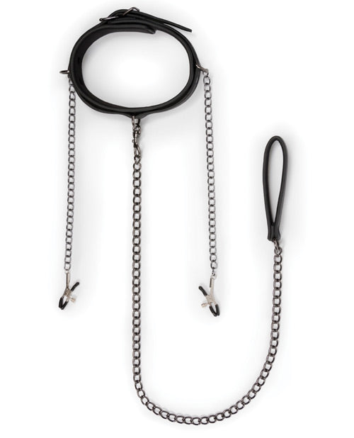Black Faux Leather Collar with Nipple Chains – Adjustable Bondage Restraint