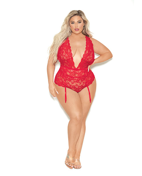 Euphoria Plus Size Lace Teddiette with Deep V Neckline and Open Crotch for Curvy Lingerie