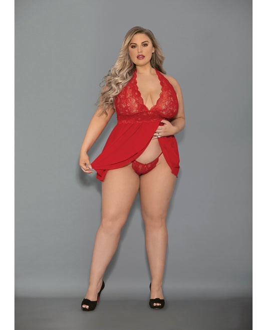 Euphoria Plus Size Lingerie Set Red Babydoll with Lace Mesh and Open Panty for Curves and Comfort