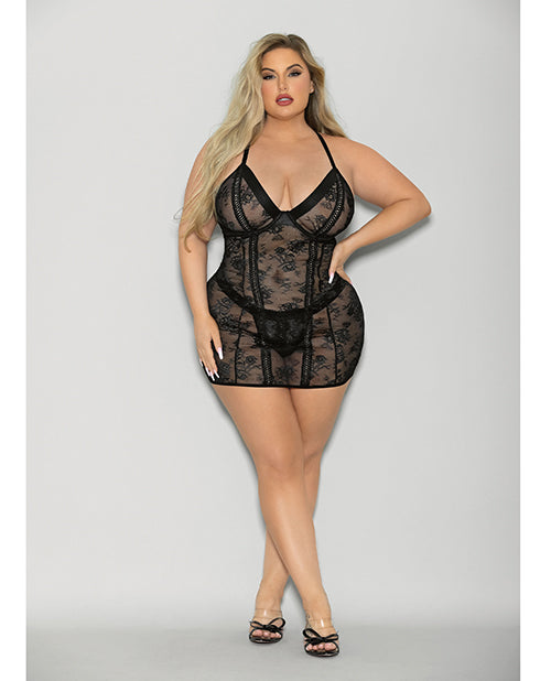Flame Fetish Plus Size Chemise Lace Up Back and Wide Band Thong for Curvy Comfort and Adjustable Fit