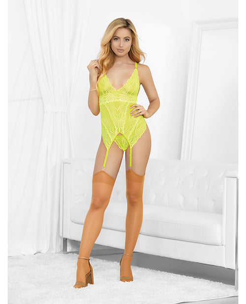 Escante Lingerie Neon Lime Bustier with Nude Hose and G-String for Bold Intimate Style