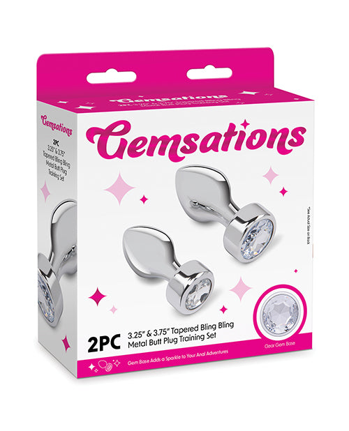 Gemsations Metal Butt Plug Set tapered silver design jeweled bases for safe progressive anal training