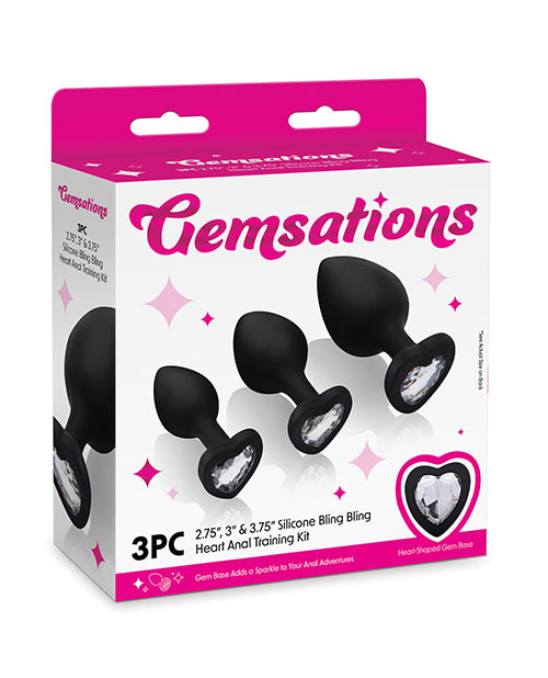 Gemsations Anal Training Kit with Black Silicone Butt Plugs and Heart-Shaped Bling for Comfortable Progression