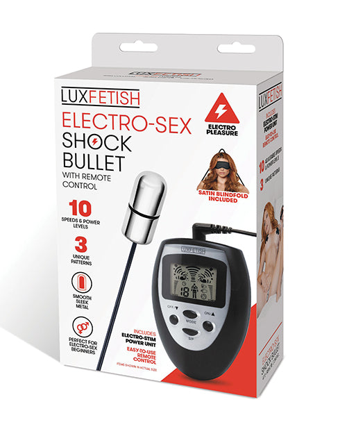 Lux Fetish Stimulator Metal Electro Sex Shock Bullet with Remote Control and Satin Blindfold for Versatile Electro Play