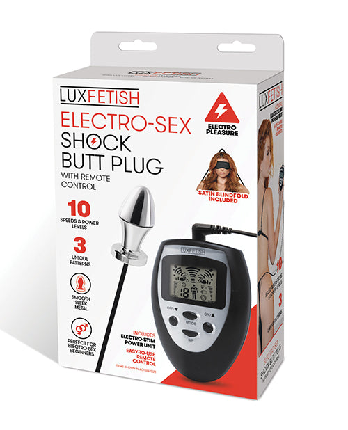 Lux Fetish stimulator metal electro-sex shock butt plug with wireless remote and satin blindfold for targeted stimulation