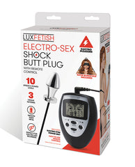 Lux Fetish stimulator metal electro-sex shock butt plug with wireless remote and satin blindfold for targeted stimulation