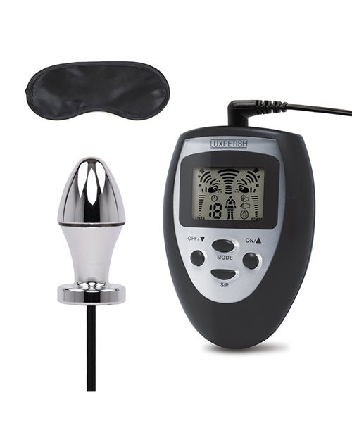 Lux Fetish stimulator metal electro-sex shock butt plug with wireless remote and satin blindfold for targeted stimulation