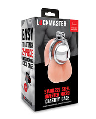 Lockmaster stainless steel chastity cage inverted compact design and body-safe finish for discreet bondage restraint