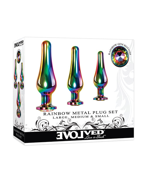 Evolved anal plug set metal rainbow finish tapered design gemstone base for intimate pleasure