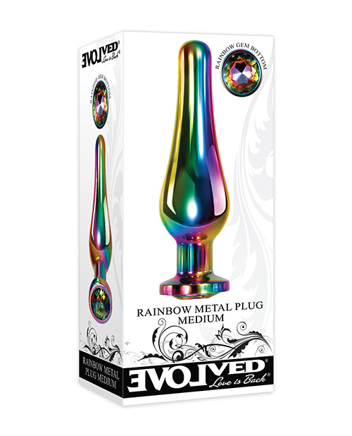 Evolved Anal Plug Medium Rainbow Metal with Sparkling Gem Base for Decorative Anal Play