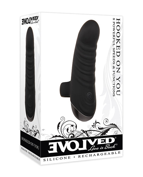 Evolved curved finger vibrator with 8 speeds and ribbed silicone design for precise, powerful intimate stimulation