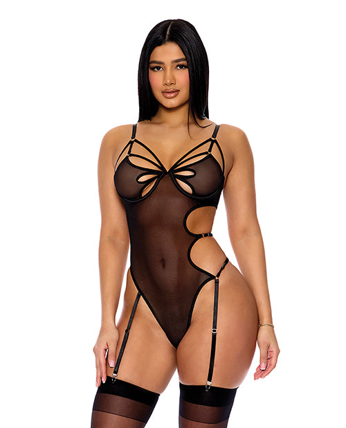 Forplay Lingerie Sheer Mesh Teddy Butterfly Cutouts Strappy Detail with Garters for Flirty Comfort