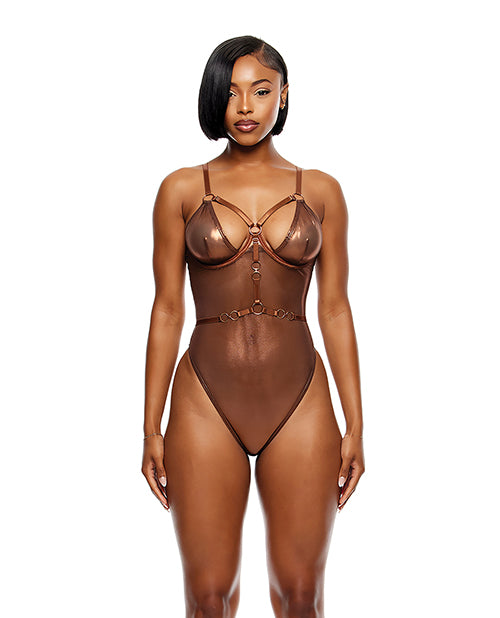 Forplay lingerie metallic mesh teddy with strappy O-ring harness and open back for bold, stylish lingerie look
