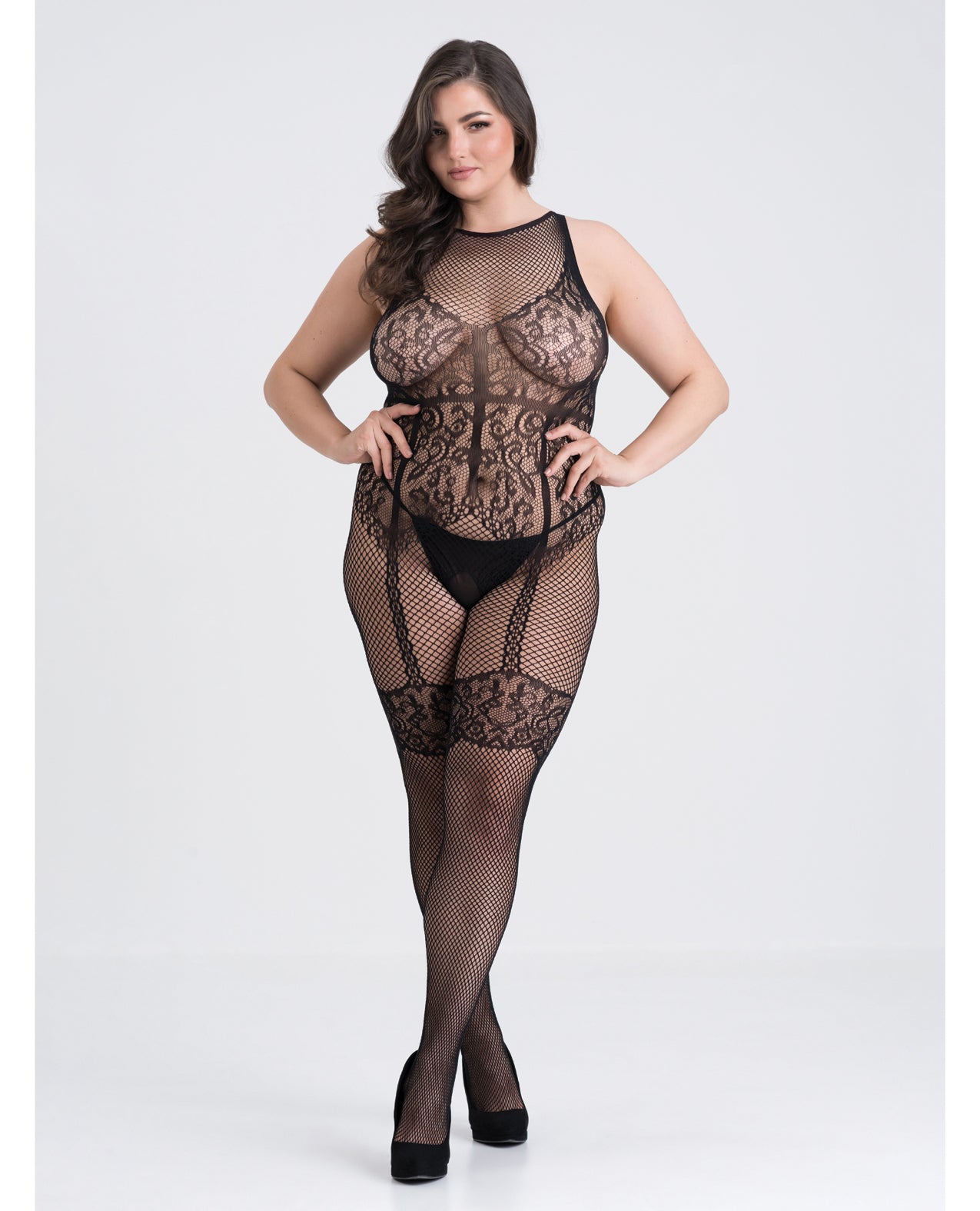 Fifty Shades of Grey Lacy Bodystocking Fishnet Adjustable Rear Tie for Confident Plus Size Lingerie Styling