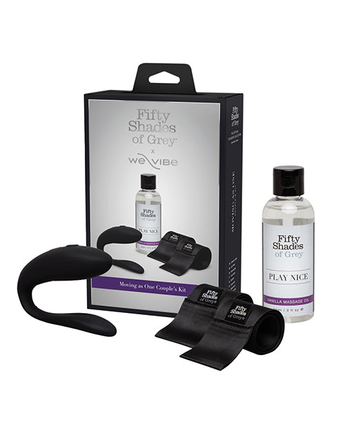 Fifty Shades of Grey Couples Kit with We-Vibe Sync Lite, silky wrist ties, and vanilla massage oil for intimate shared pleasure