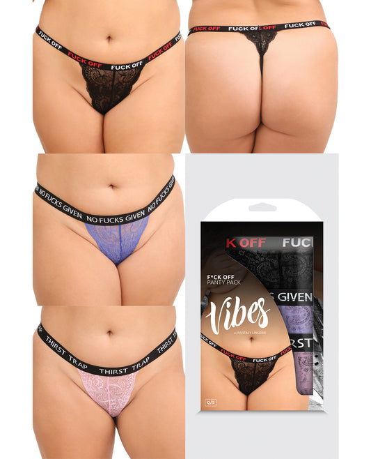 Vibes by Fantasy Lingerie Plus Size Thong Panty Pack with Stretch Lace, Scalloped Edge, and Bold Slogans for Confident Everyday Comfort