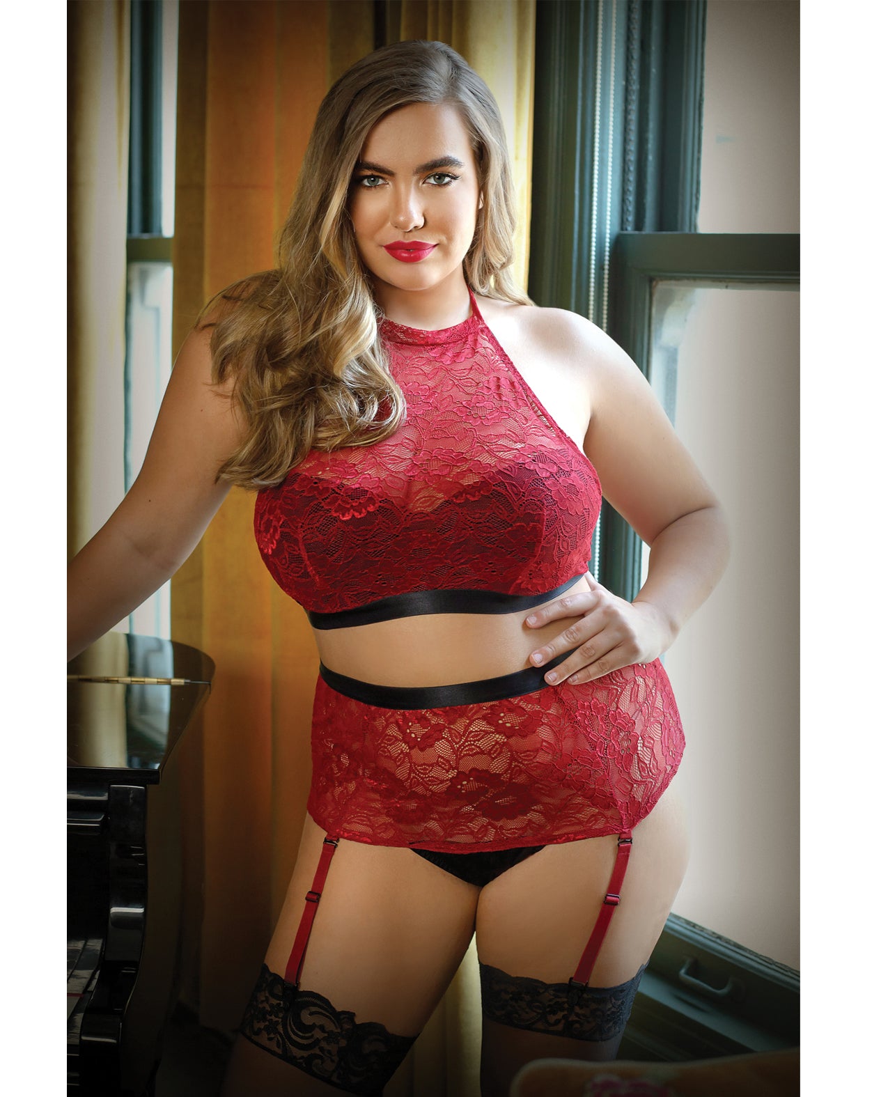 Curve by Fantasy Lingerie Plus Size Lace Halter Top and High Waist Panty with Detachable Garters for Confident Curves