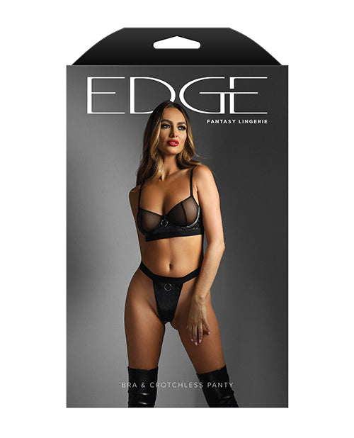 Edge Quilted Wetlook & Mesh Underwire Bra with Crotchless Panty Set - Black L/XL