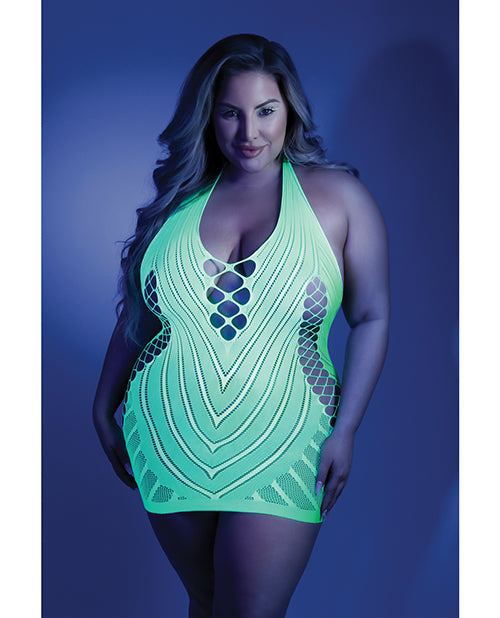 Glow by Fantasy Lingerie Net Halter Dress with Black Light Glow and Open Back for Plus Size Partywear