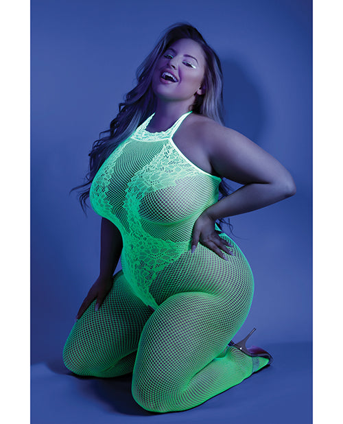 Glow by Fantasy Lingerie Plus Size Bodystocking Black Light Reactive Neon Green Lace Detailing for Party or Intimate Wear