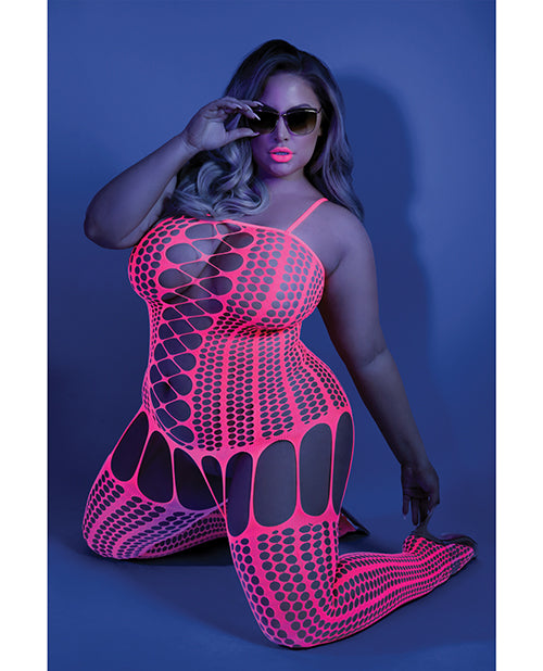Glow by Fantasy Lingerie Plus Size Bodystocking with Criss Cross Panels and Blacklight Glow for Vibrant Lingerie Style