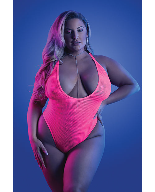 Glow by Fantasy Lingerie Plus Size Teddy UV Reactive Neon Pink Adjustable Straps Thong Back for Bold Statement Lingerie