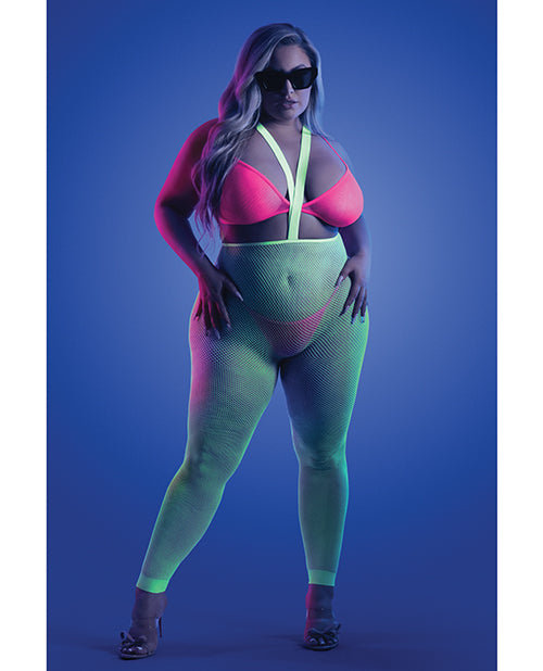 Glow by Fantasy Lingerie Plus Size Lingerie UV Reactive Suspender Stockings Set Neon Green Pink for Festival Nights