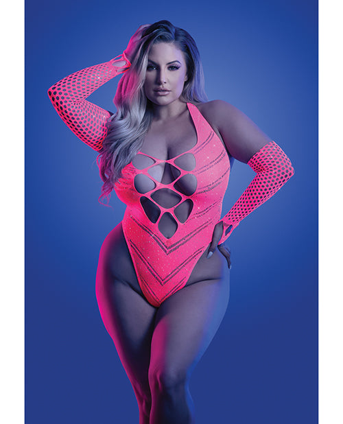 Glow by Fantasy Lingerie Teddy UV Reactive Neon Pink with Rhinestone Embellishments and Convertible Gloves for Clubwear