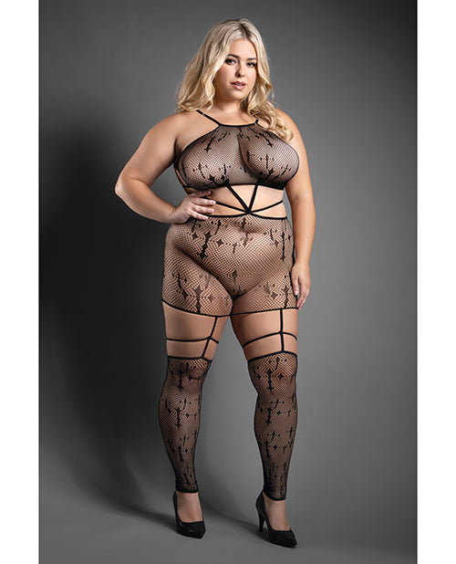 Sheer Fantasy Bodystocking Dress plus size strappy cross knit design attached stockings for sultry lingerie styling