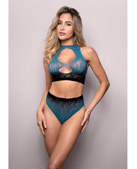Vixen Deep Dive Ombre Leopard Knit Keyhole Top w/Panty 2 pc Set - Black/Blue O/S
