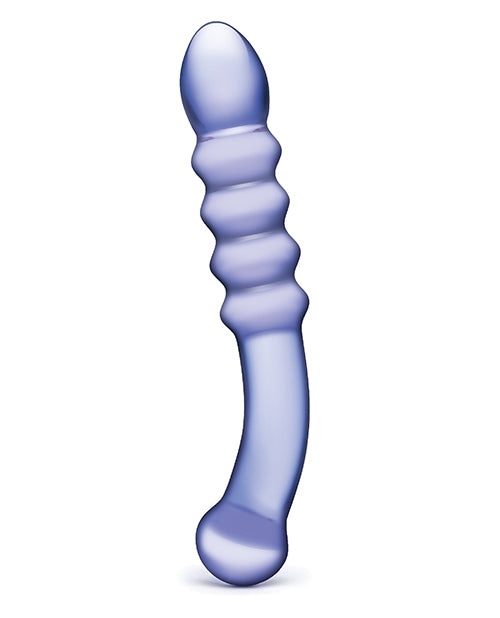 Purple Rain Ribbed Glass Dildo with Curved Handle and Elegant Design