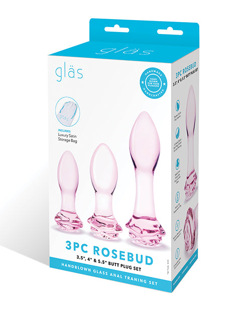 Glas Anal Products Pink 3-Piece Rosebud Butt Plug Set Tapered Tip for Comfortable Anal Training