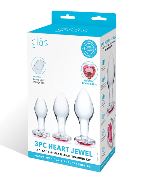 Glas Anal Training Kit Graduated Glass Plugs Heart Jewel Bases for Progressive Anal Exploration