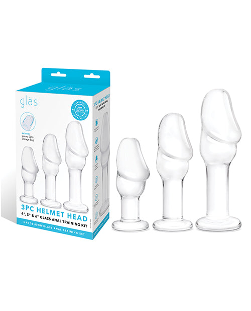 Glas Anal Training Kit set of 3 helmet head glass butt plugs with flared base for progressive stimulation