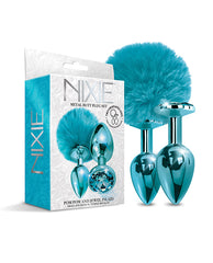 Nixie Metal Butt Plug Set blue metallic jewel inlaid pom pom dual sizes for body-safe anal play