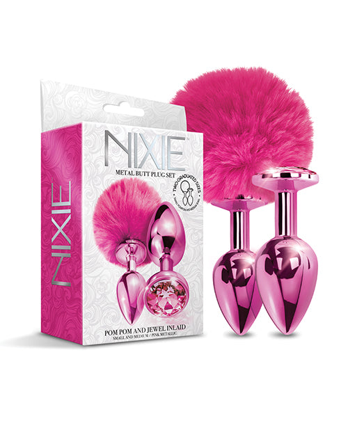 Nixie Anal Plug Set with Jewel Inlay and Pink Pom Pom for Stylish Body-Safe Anal Play