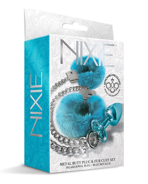 Nixie Bondage Restraint Set Blue Jewel Butt Plug Faux Fur Handcuffs for Sensory Play
