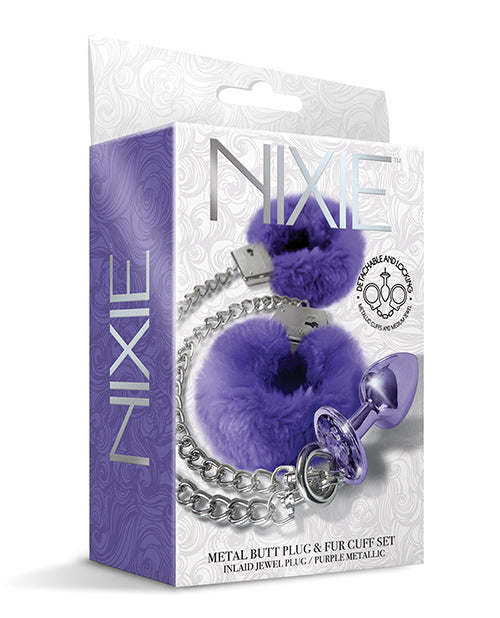 Nixie bondage set with purple metal butt plug, inlaid jewel, and faux fur handcuffs for comfortable restraint and sensation play